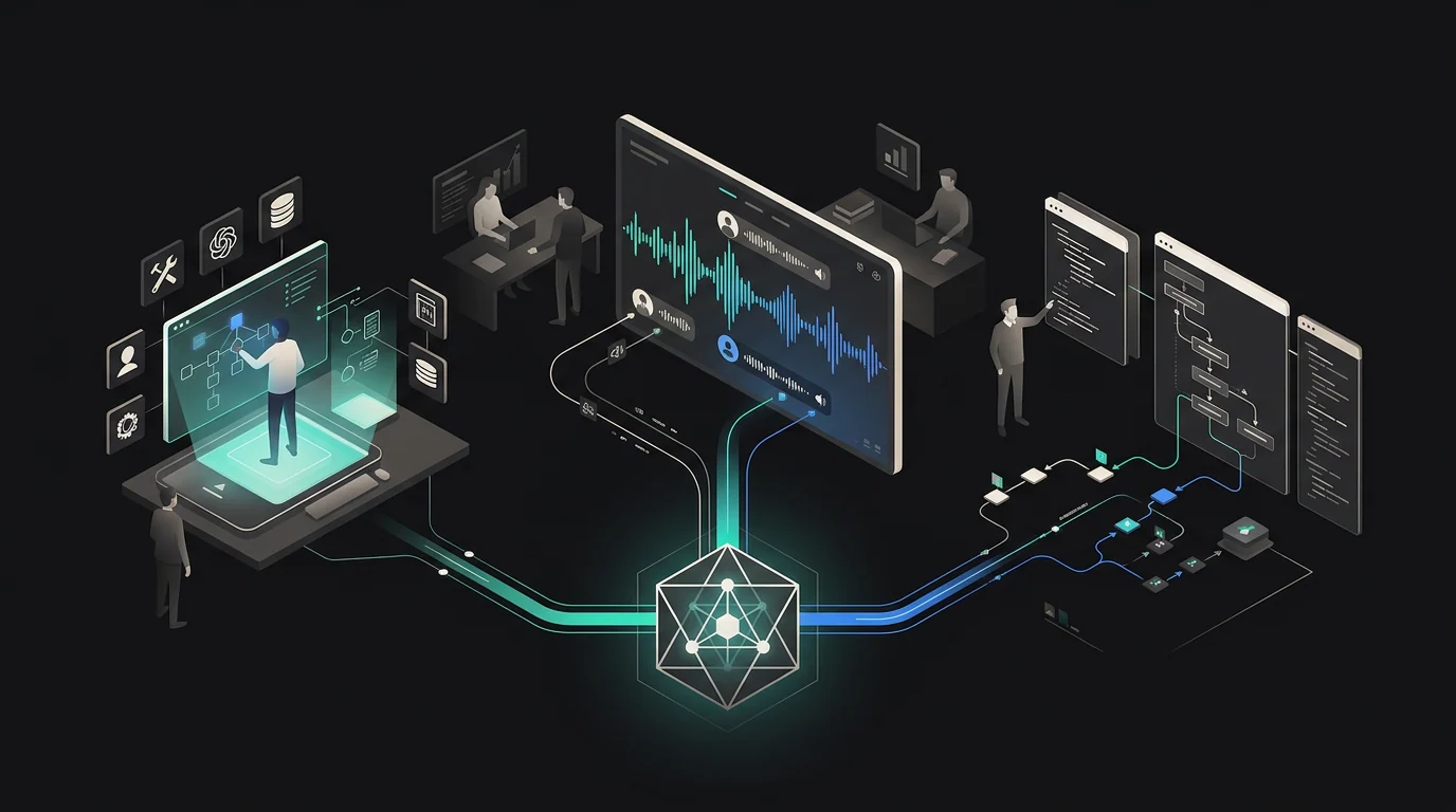 Editorial illustration of Meta's Muse strategy spanning local AI agents, real-time speech recognition and coding workflows