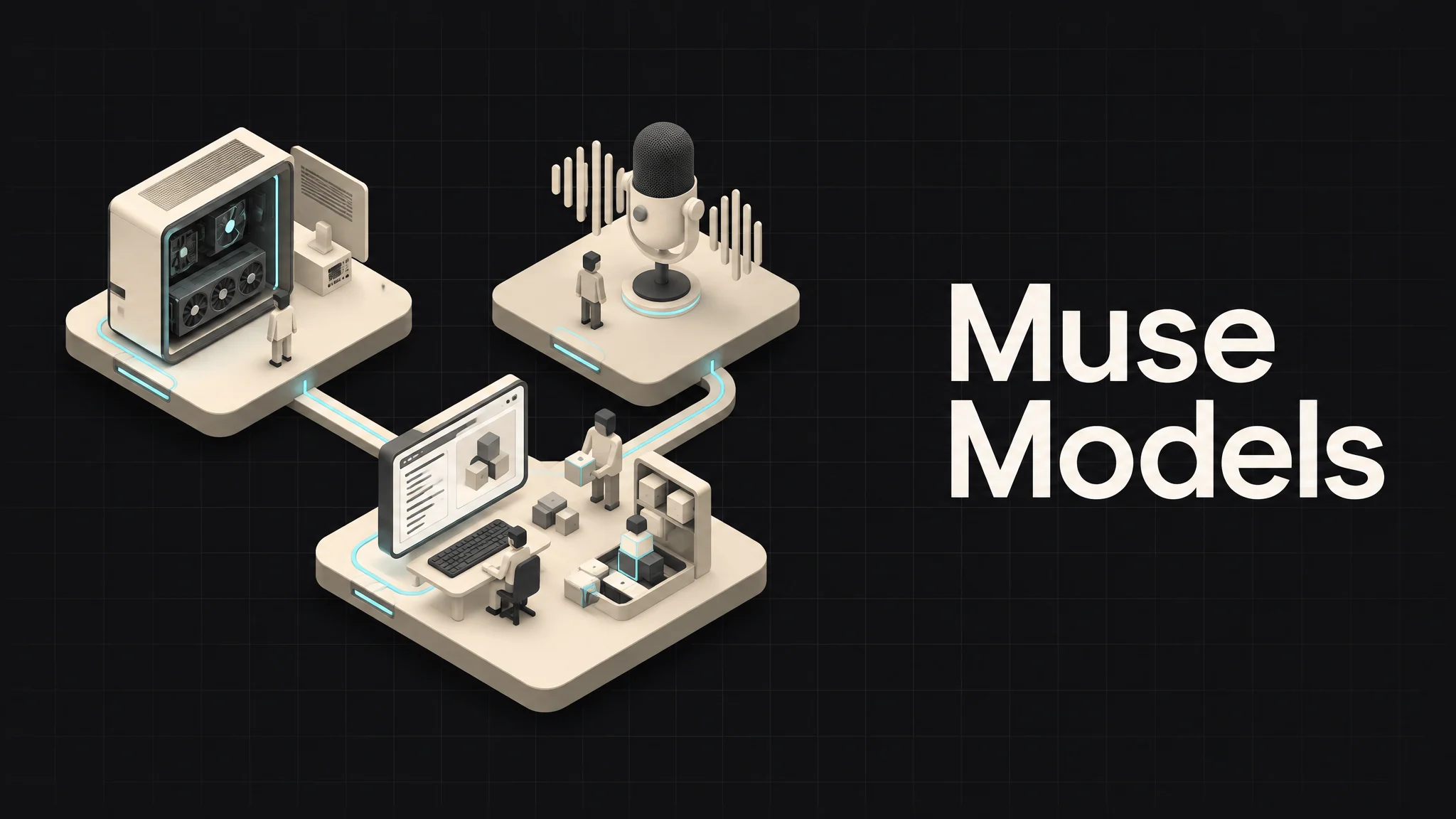 Muse Models beside an isometric trio of local-compute hardware, a speech microphone, and a coding workbench for prototype building.