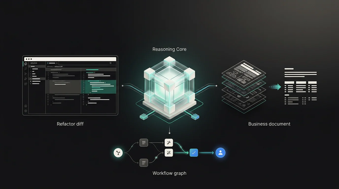 Abstract workflow system connecting software coding, complex document analysis, tool automation, and human review for SME teams