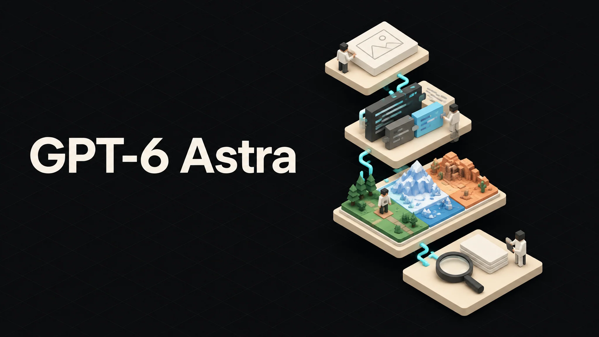 GPT-6 Astra accanto a un banco da lavoro isometrico a più livelli che trasforma un concetto vuoto in un piccolo prototipo di gioco e in fasi di verifica.