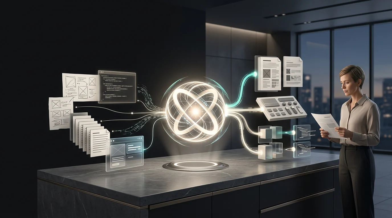 Un banco di lavoro AI luminoso trasforma un'idea grezza, codice, documenti e un prototipo digitale in output connessi, mentre un collaboratore umano esamina il risultato.