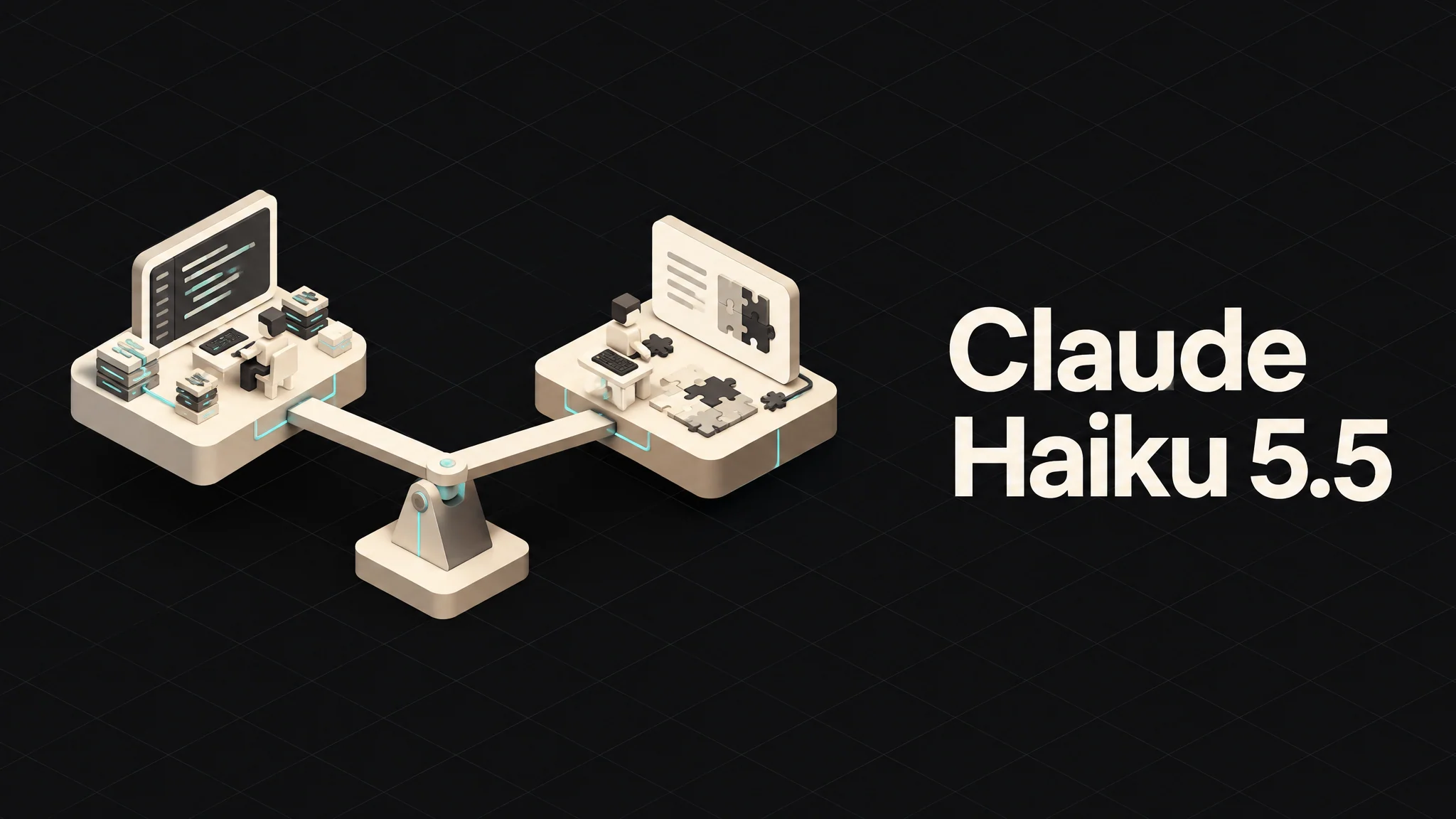Il titolo Claude Haiku 5.5 accanto a un diorama isometrico di due banchi di lavoro per la valutazione dei modelli uniti da una trave di equilibrio.