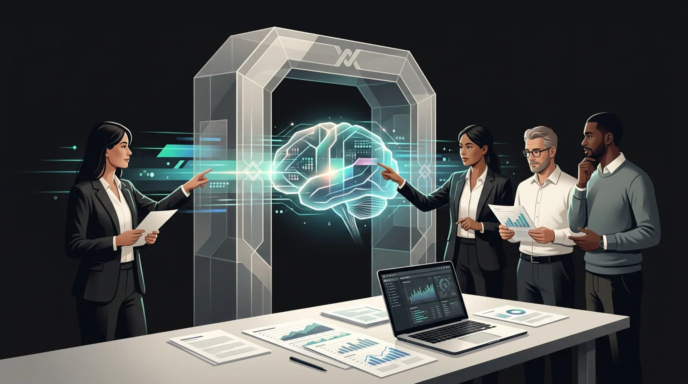 Abstract editorial scene of a small team evaluating a low-cost multimodal AI model through a governance gate, with documents, charts, and a laptop on an operations desk.