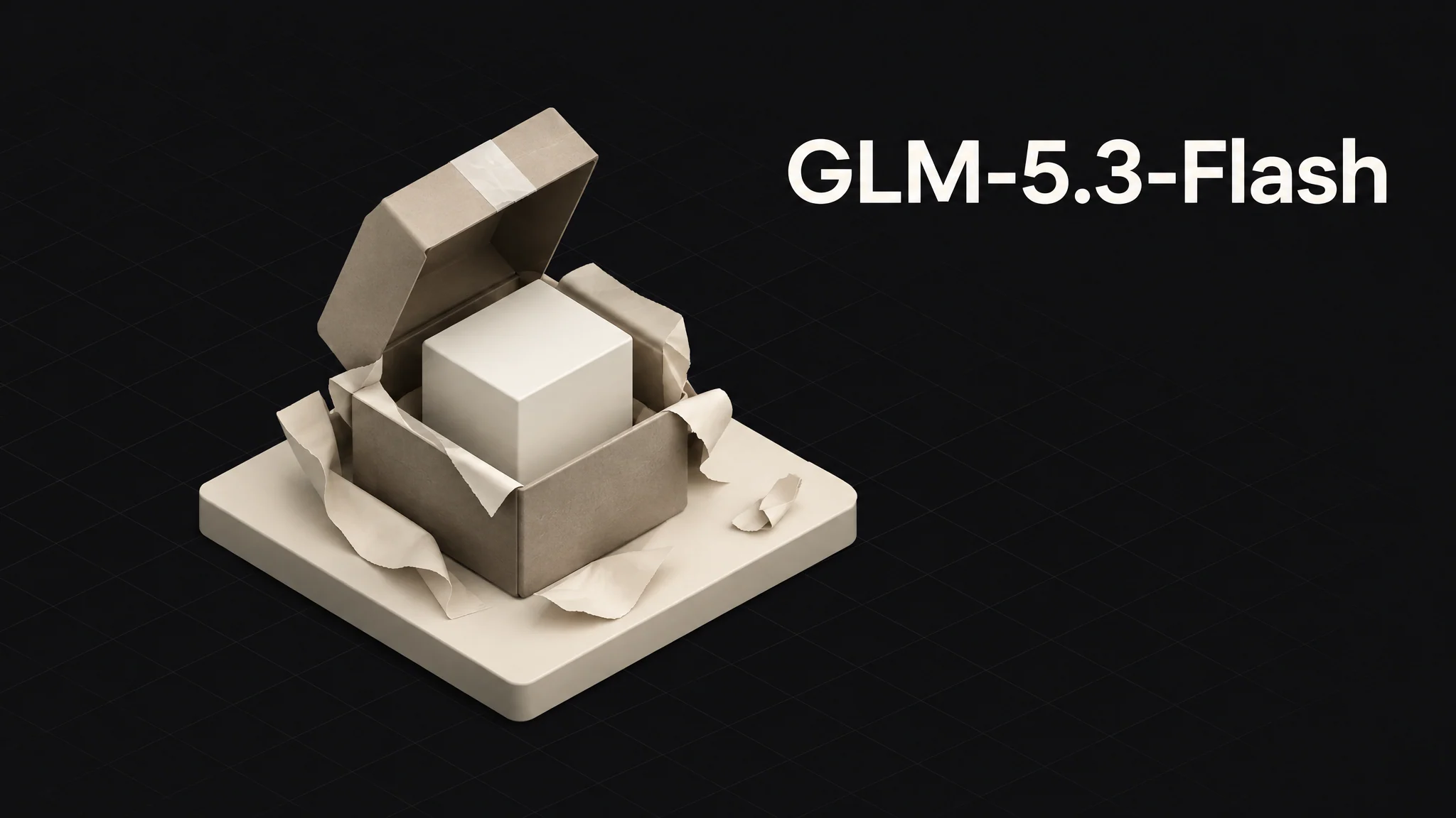 An unmarked parcel opened to reveal a pale geometric model block inside, with its lid lifted and wrapping fallen away.